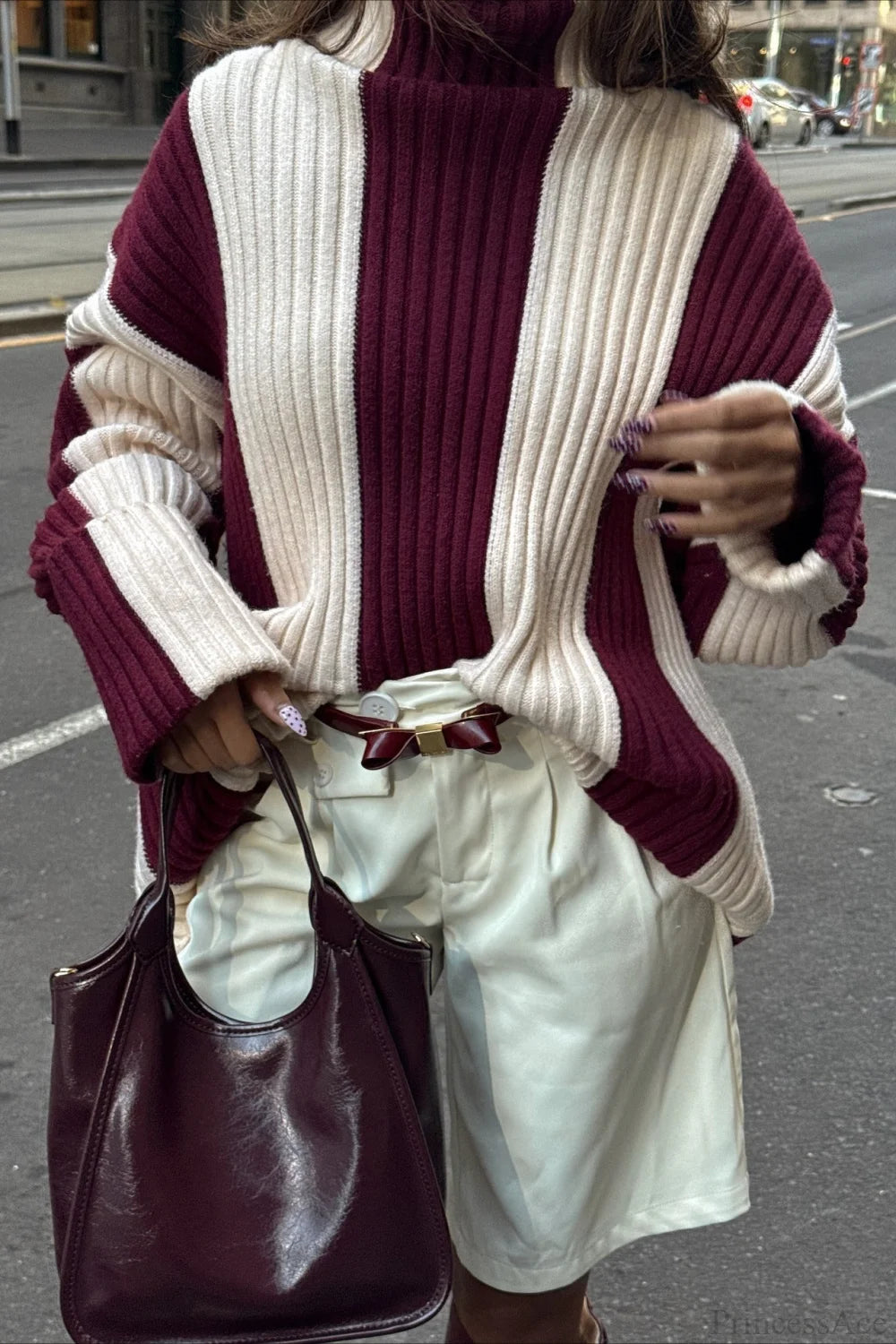 Turtleneck Ribbed Stripe Colorblock Sweater Crimson / S