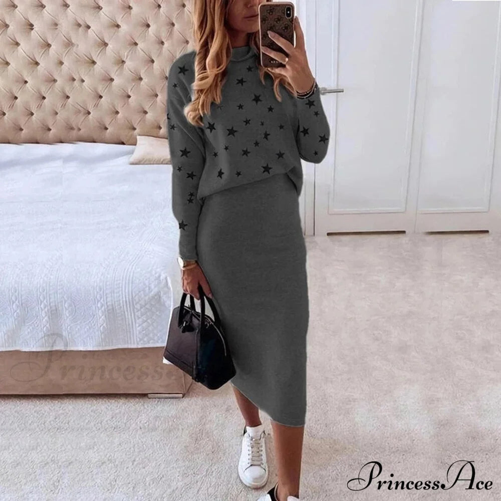 Turtleneck Set Elegant Slim Sweatshirt Skirt And For Design Stars Women Dark Grey / S