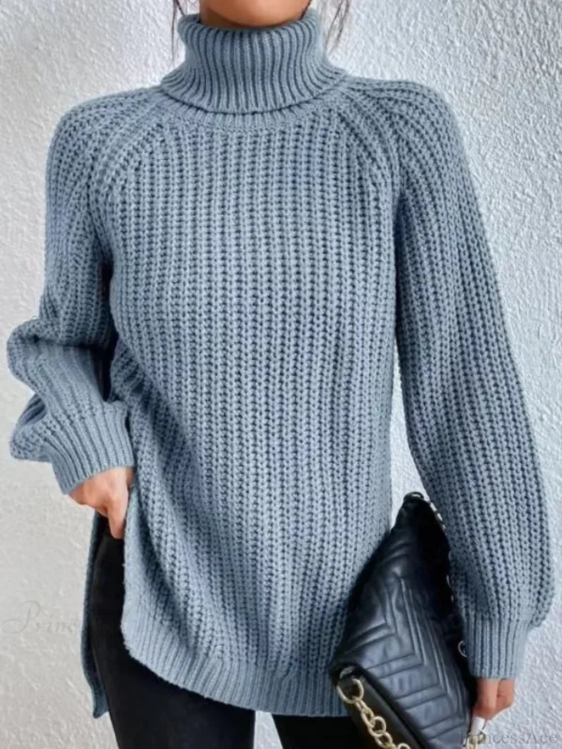 Turtleneck Split Crochet Thick Sweater light blue / S