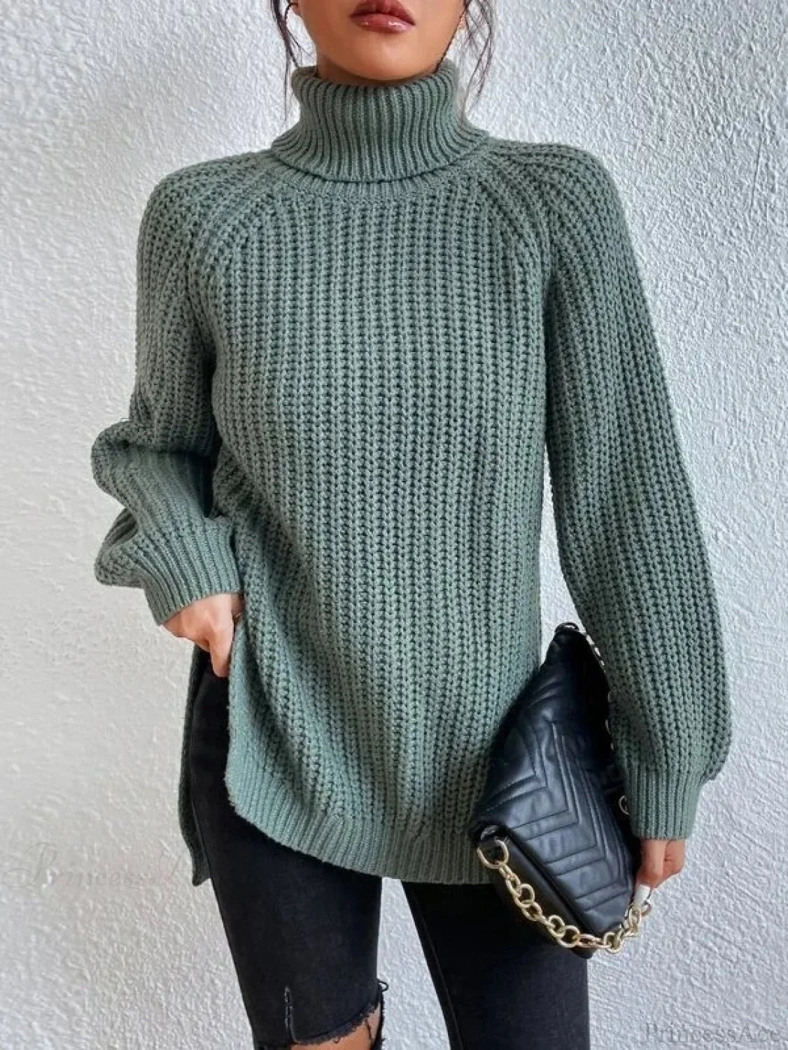 Turtleneck Split Crochet Thick Sweater light green / S
