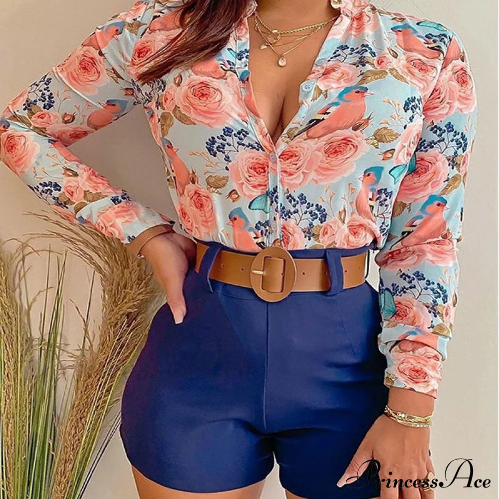 Two Piece Suit Set Shirts Women’s Leisure Long Shorts Patterned Arm Warm-Season High Waist Outfits
