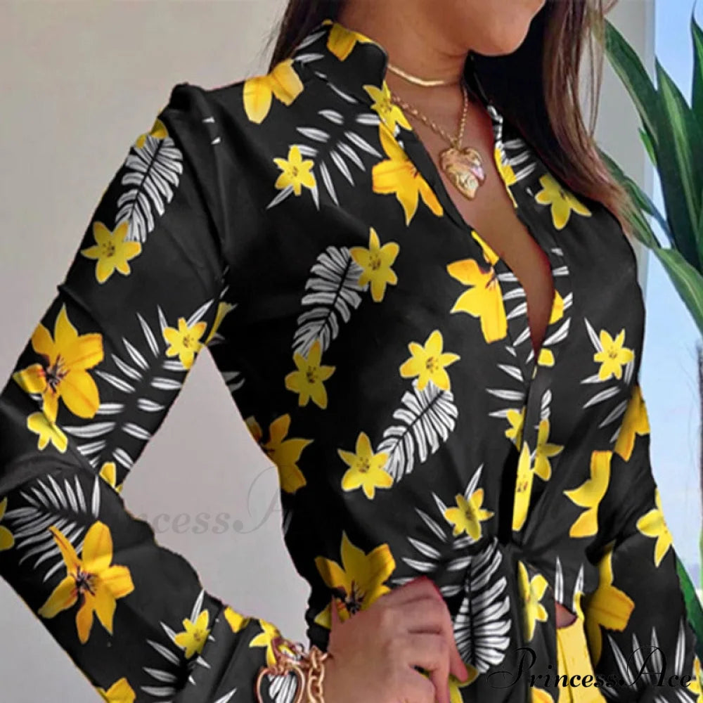 Two Piece Suit Set Shirts Women’s Leisure Long Shorts Patterned Arm Warm-Season High Waist Outfits