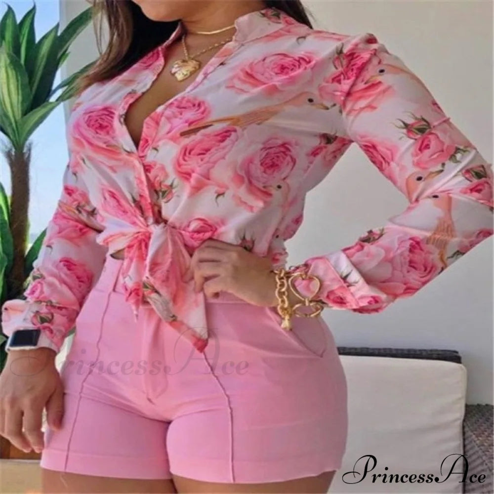 Two Piece Suit Set Shirts Women’s Leisure Long Shorts Patterned Arm Warm-Season High Waist Outfits