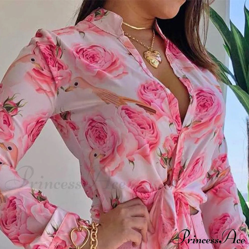 Two Piece Suit Set Shirts Women’s Leisure Long Shorts Patterned Arm Warm-Season High Waist Outfits