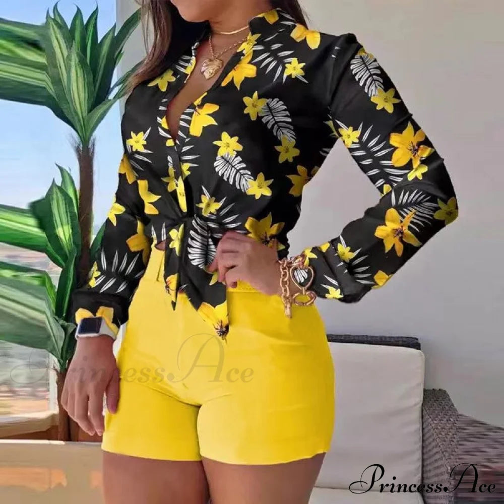 Two Piece Suit Set Shirts Women’s Leisure Long Shorts Patterned Arm Warm-Season High Waist