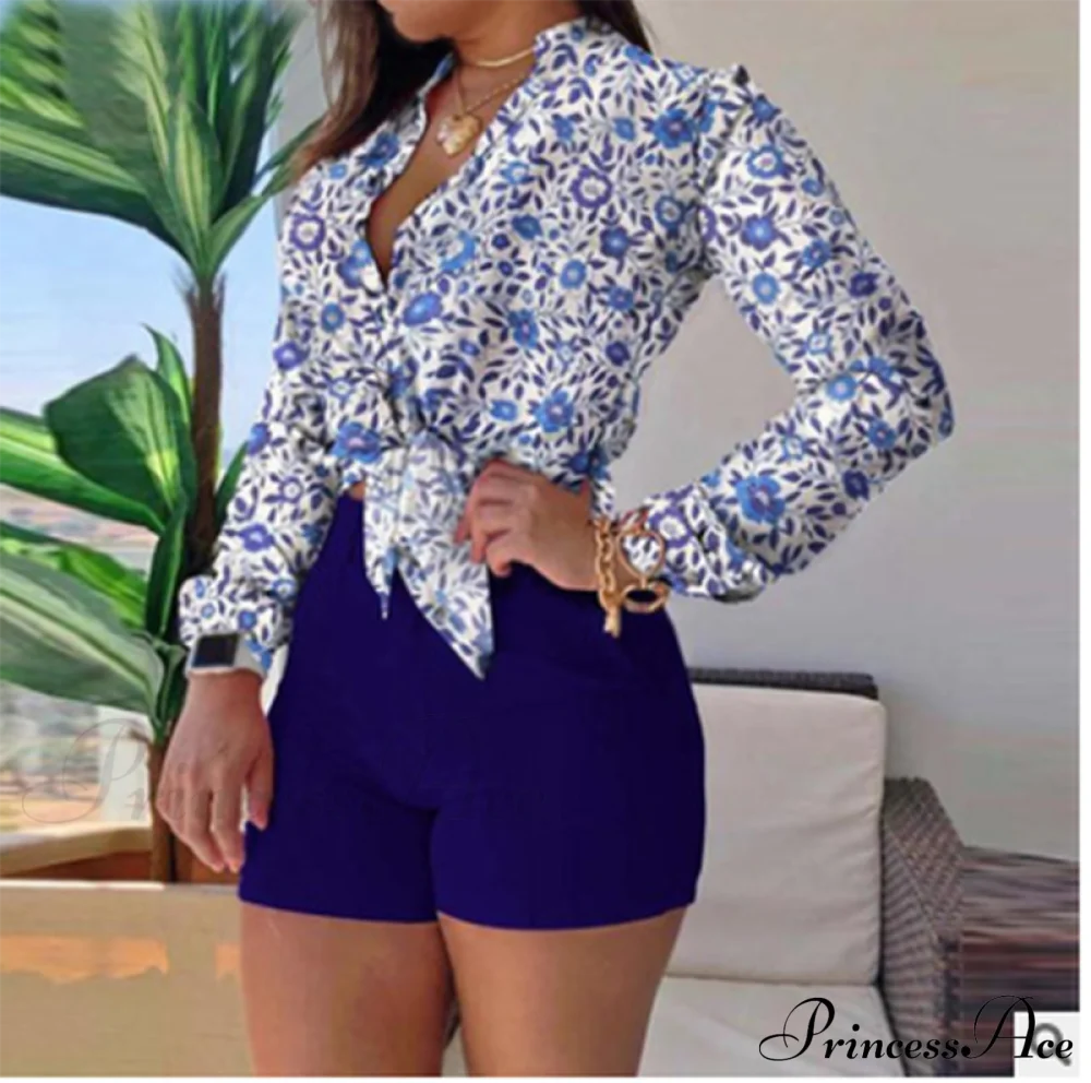 Two Piece Suit Set Shirts Women’s Leisure Long Shorts Patterned Arm Warm-Season High Waist