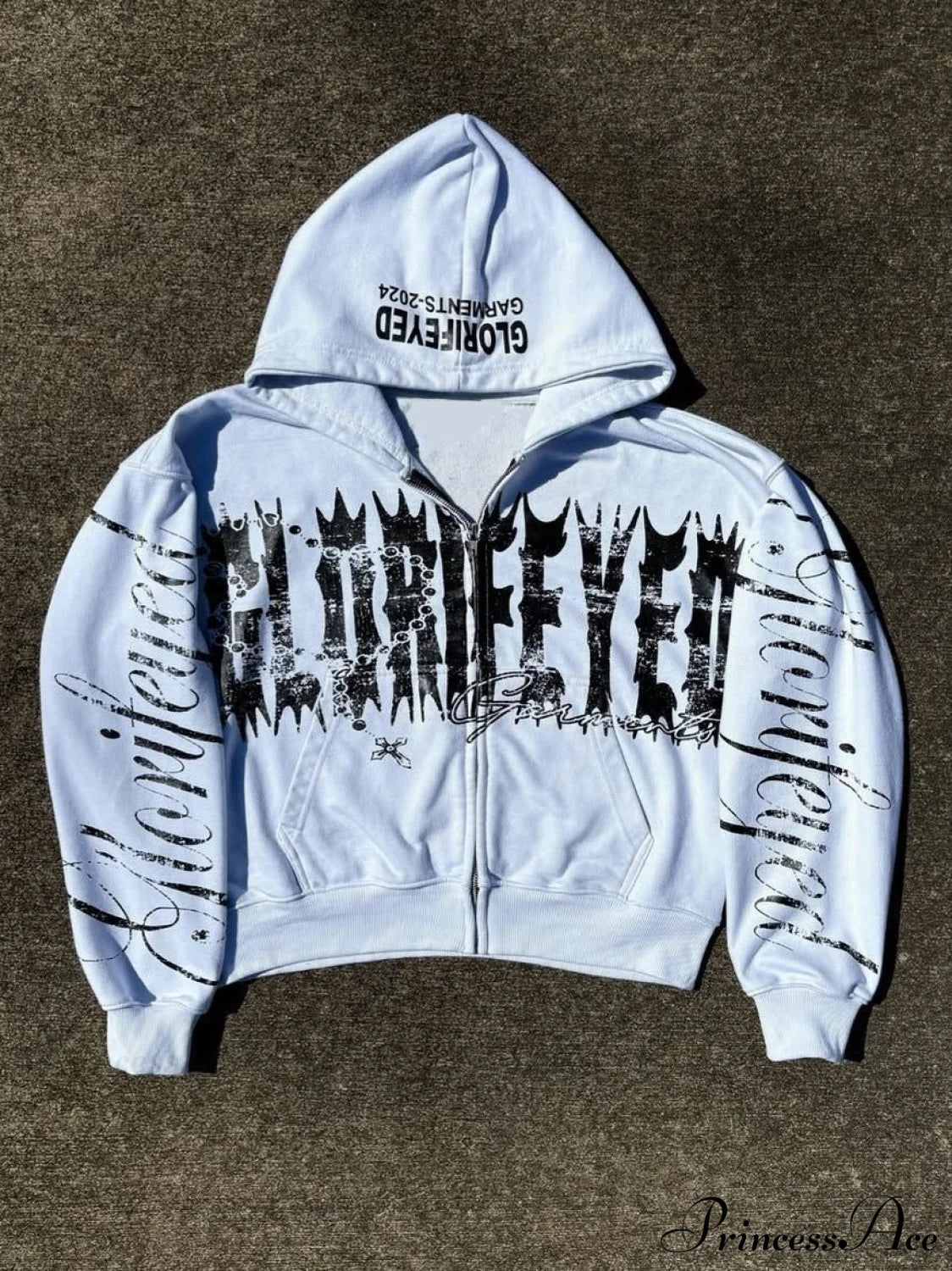 Unique Letter Print Retro Street Zip Hoodie White / XS