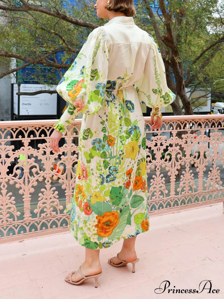 Unique Print Lantern Sleeve Graceful Cream Cardigan Style Shirt Dress Dresses