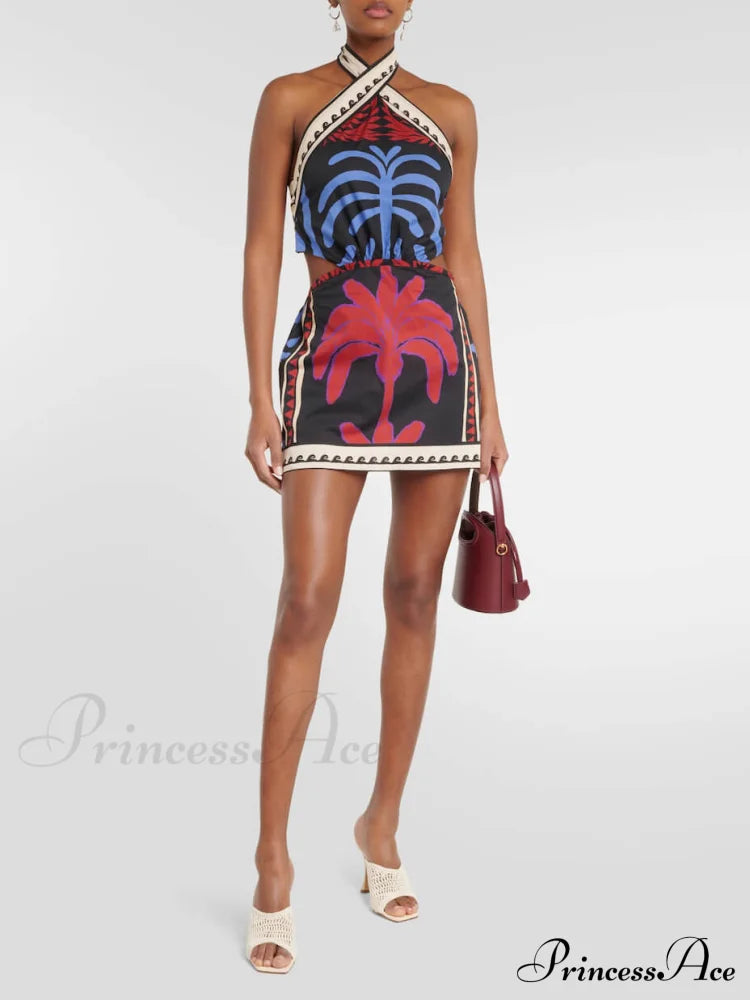 Unique Summer Print Charming Halter Neck Mini Dress Dresses