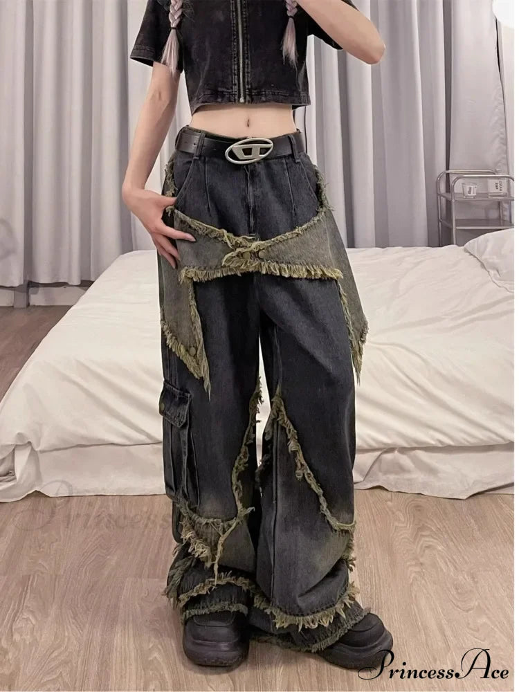 Unique Versatile Straight Leg High Waist Summer Loose Wide Vintage Style Women’s Jean Retro Blue / S