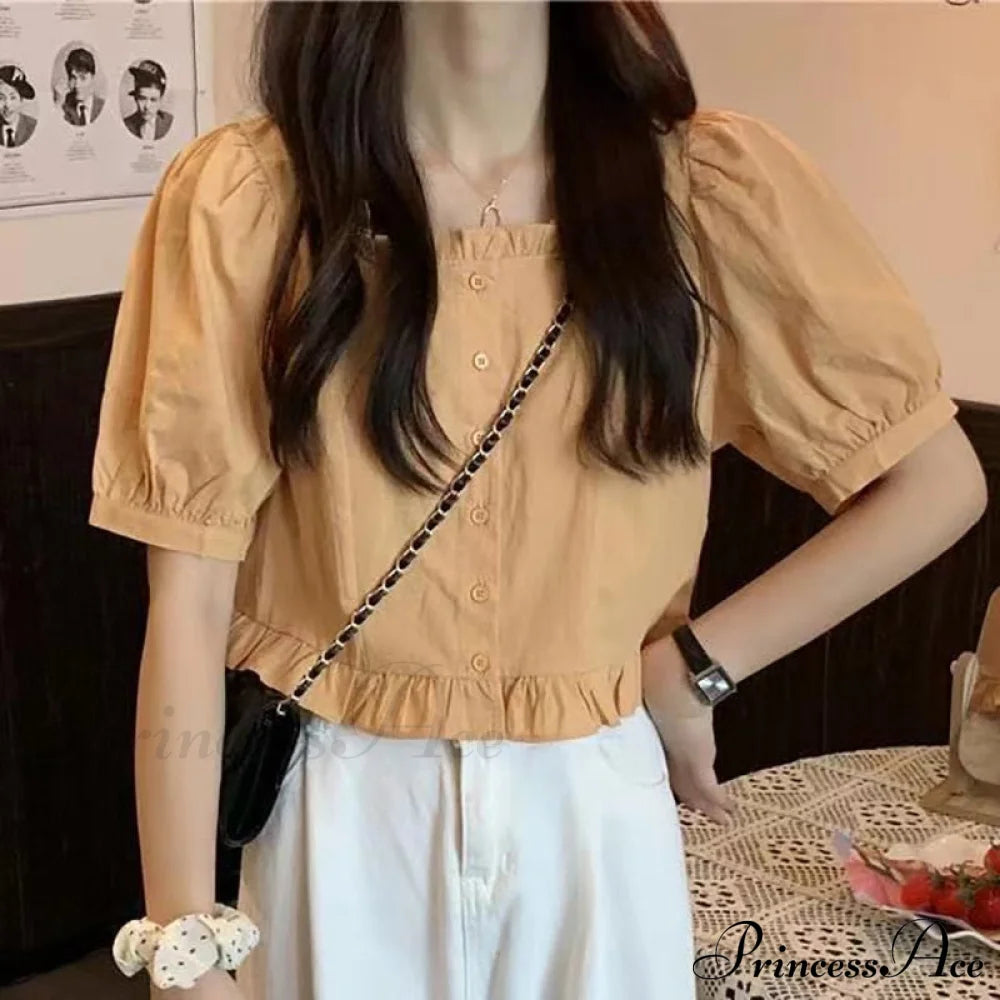 Up Cute Ruffles Women’s Waist Button Blouse Clothing High Puff Youth Crop Warm-Season Top White