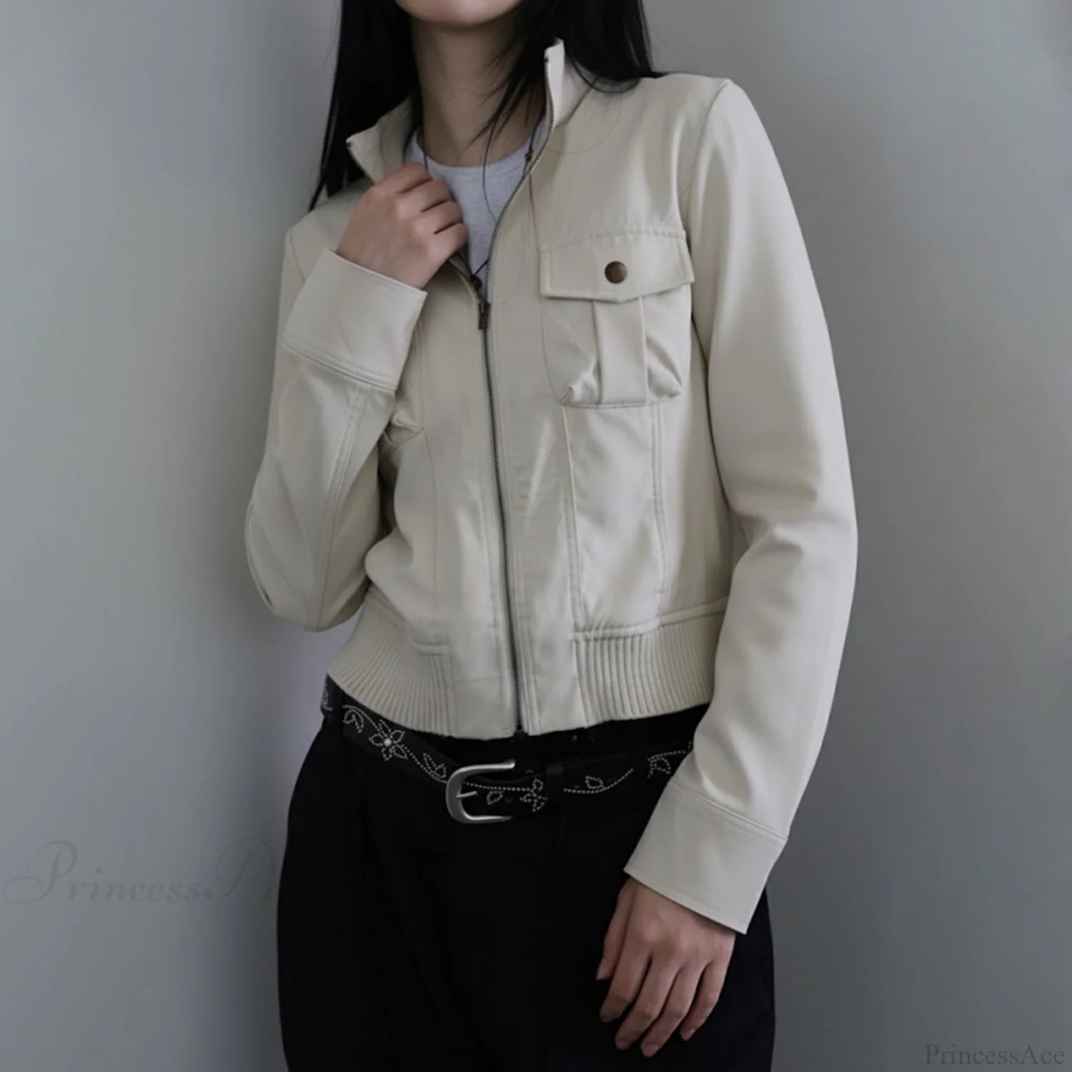 Utility Solid Color Pocket Stand Collar Waist Cinched Jacket Off-white / M