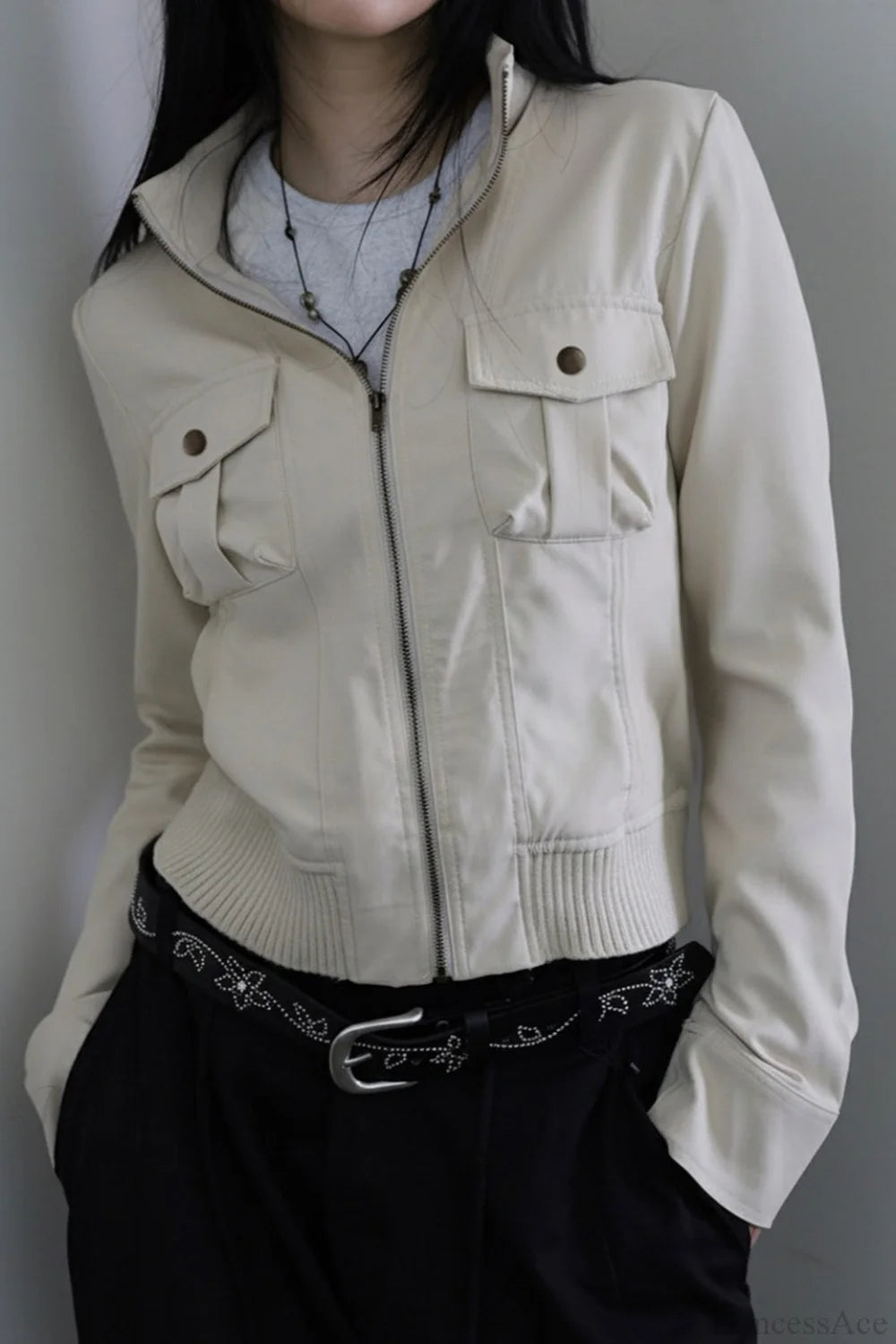Utility Solid Color Pocket Stand Collar Waist Cinched Jacket Off-white / S