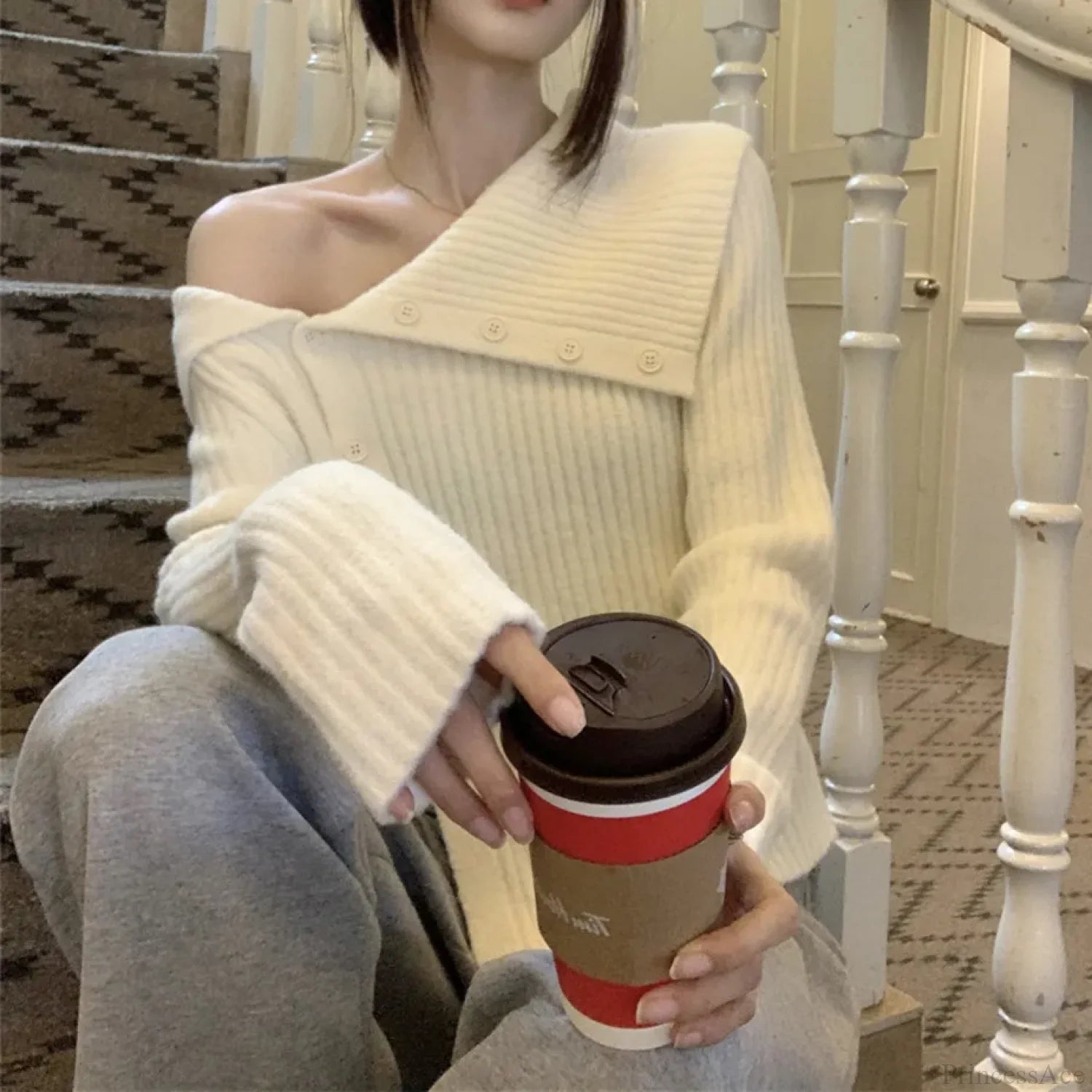 utton Off Shoulder Gray Sweater