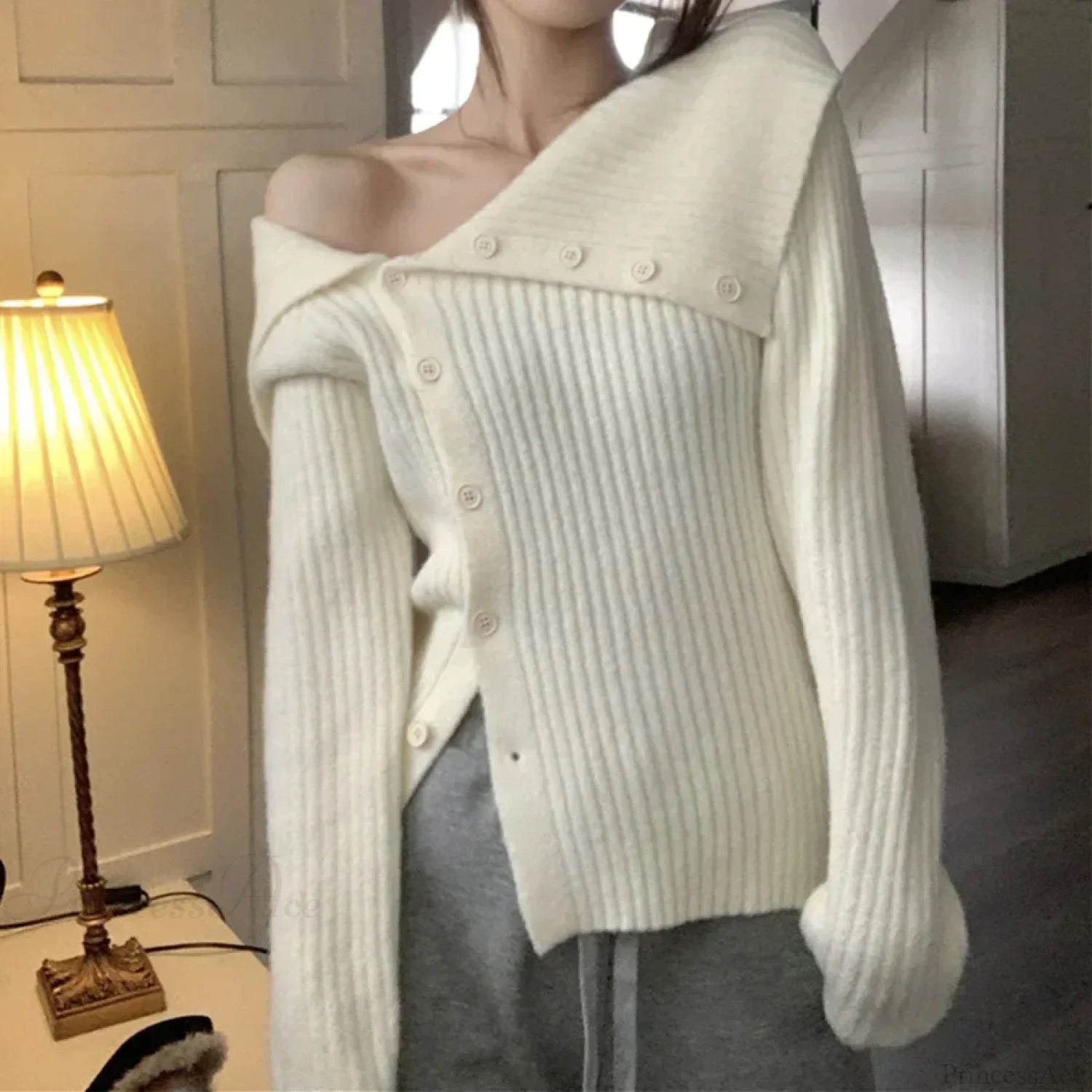 utton Off Shoulder Gray Sweater