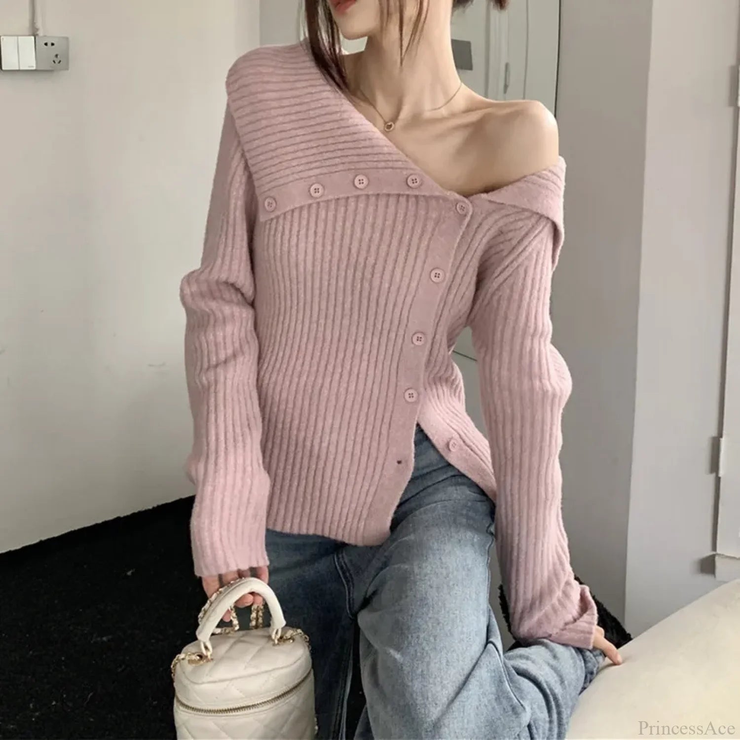 utton Off Shoulder Gray Sweater