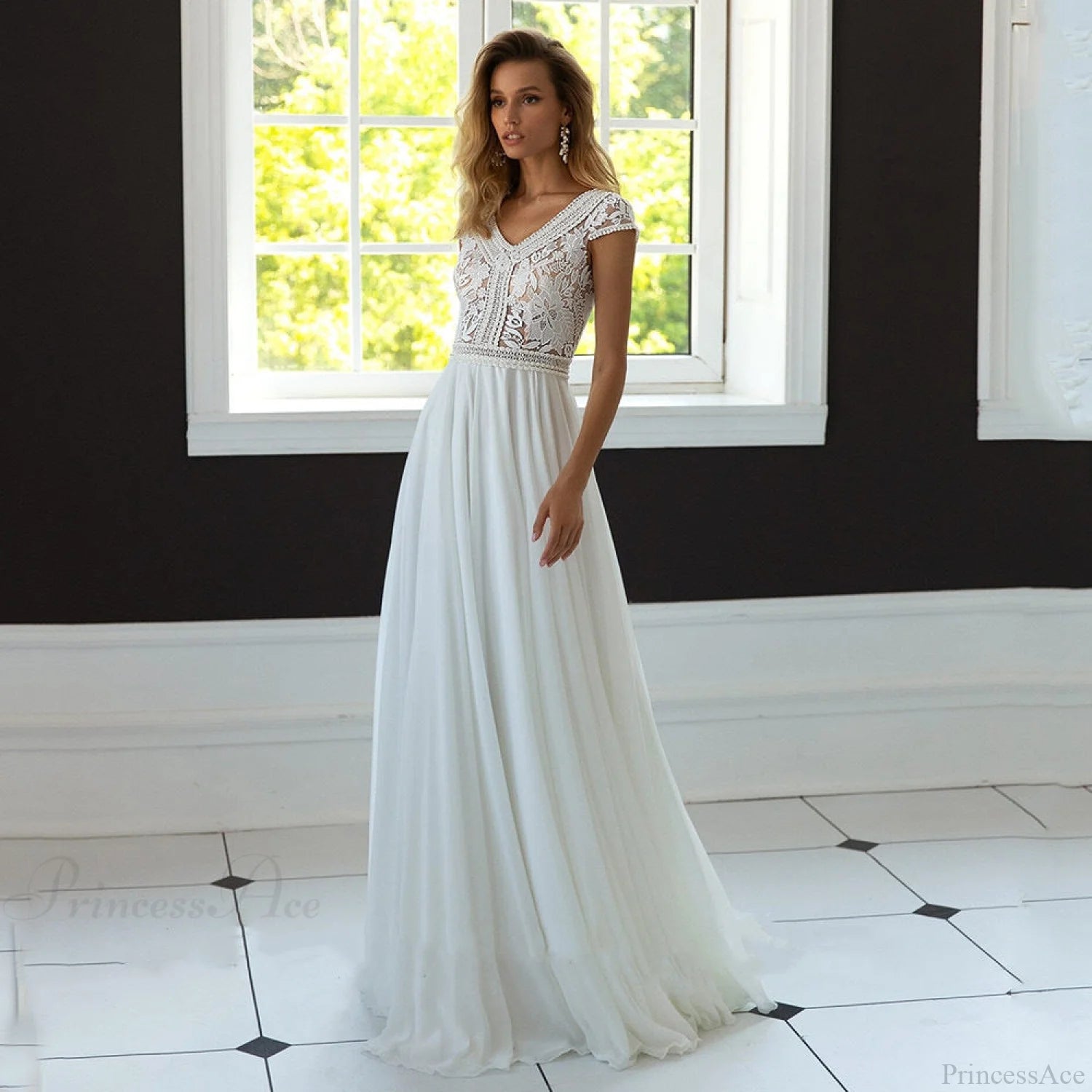 V-Neck A-Line Chiffon Bridal Wedding Dress lvory white / 2 weddingdress-250223