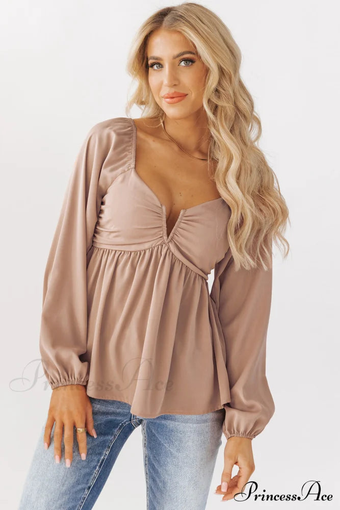 V-Neck Back Smocked Peplum Blouse In Orange Tops