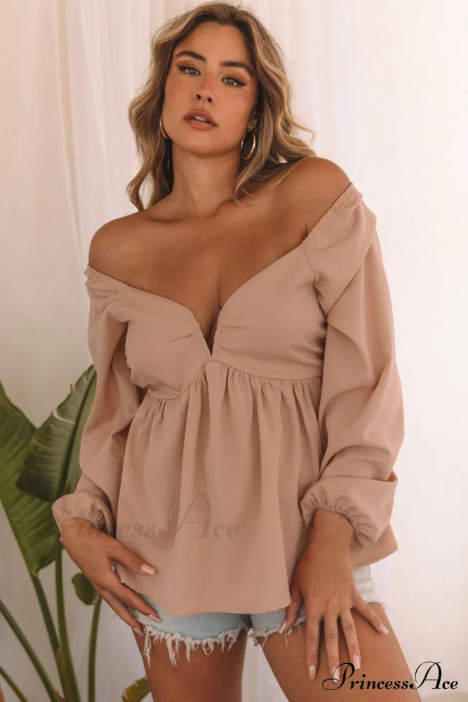 V-Neck Back Smocked Peplum Blouse In Orange Tops