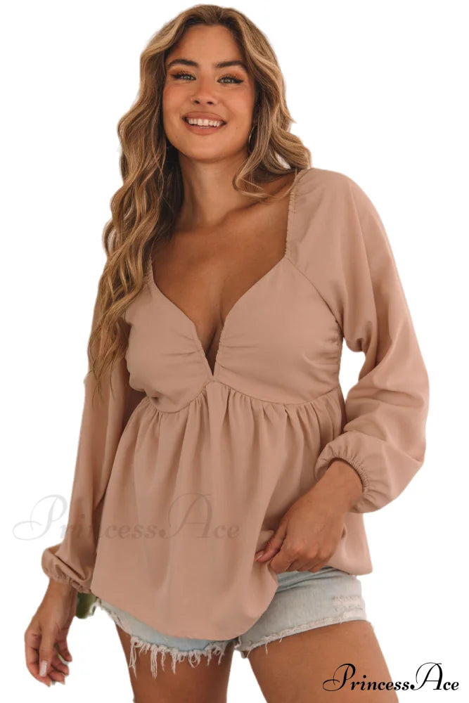 V-Neck Back Smocked Peplum Blouse In Orange Tops