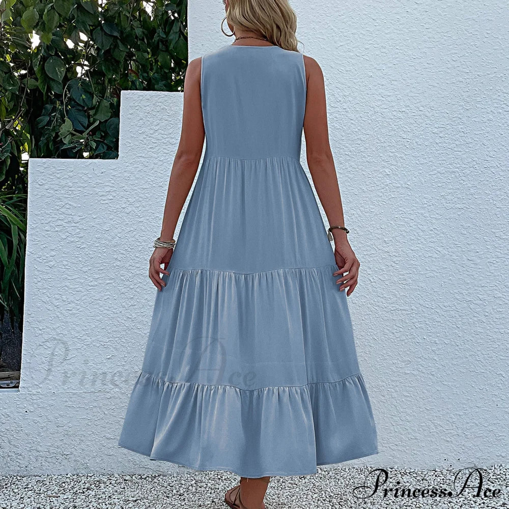 V Neck Button Layered Hem Smock Dress M / Burgundy Button Ruffles Maxi Dress