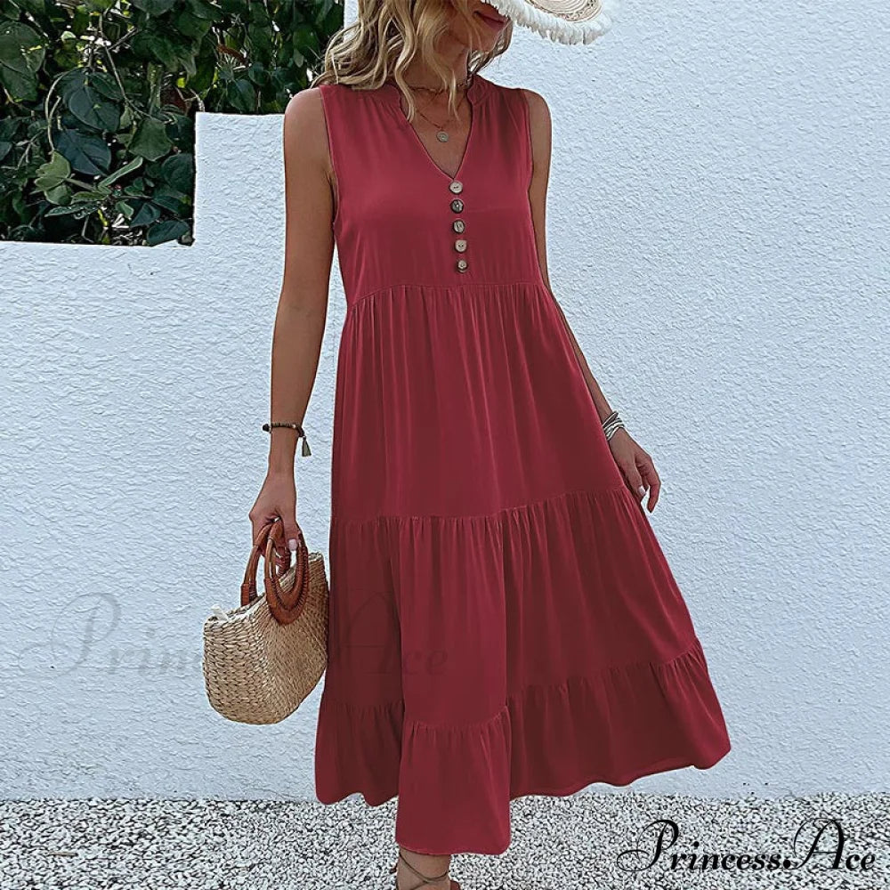 V Neck Button Layered Hem Smock Dress S / Apricot Button Ruffles Maxi Dress