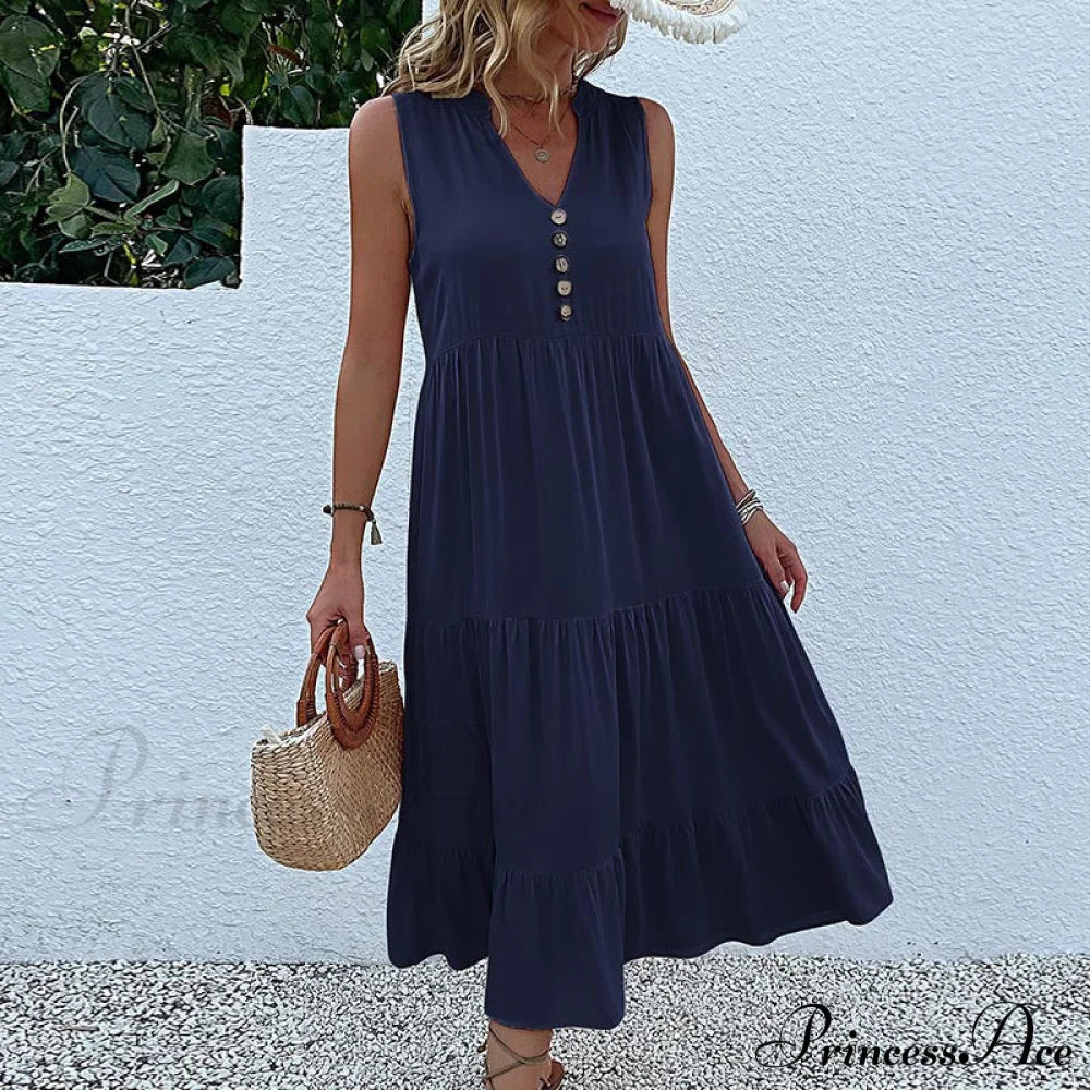 V Neck Button Layered Hem Smock Dress S / Blue Button Ruffles Maxi Dress