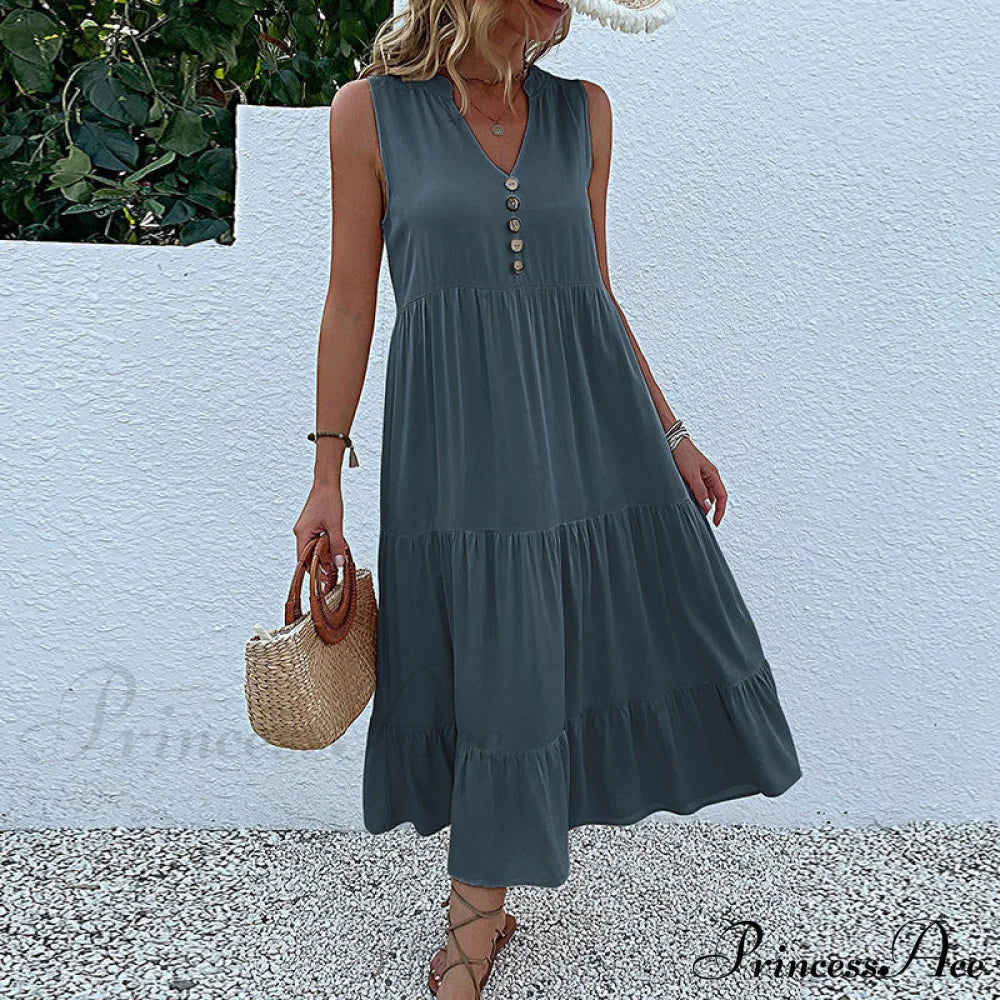 V Neck Button Layered Hem Smock Dress S / Burgundy Button Ruffles Maxi Dress