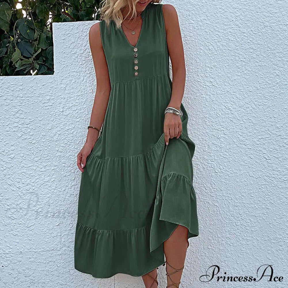 V Neck Button Layered Hem Smock Dress S / Dark Gray Button Ruffles Maxi Dress