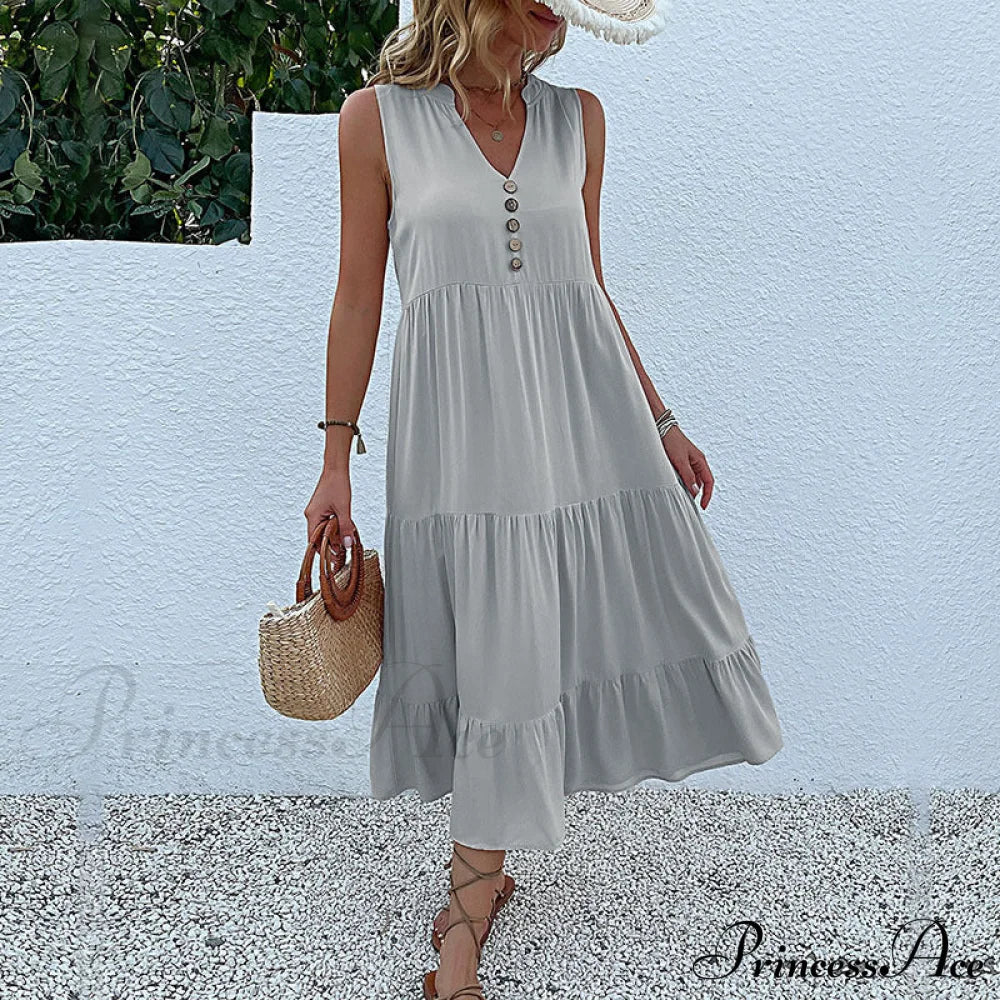 V Neck Button Layered Hem Smock Dress S / Pink Button Ruffles Maxi Dress