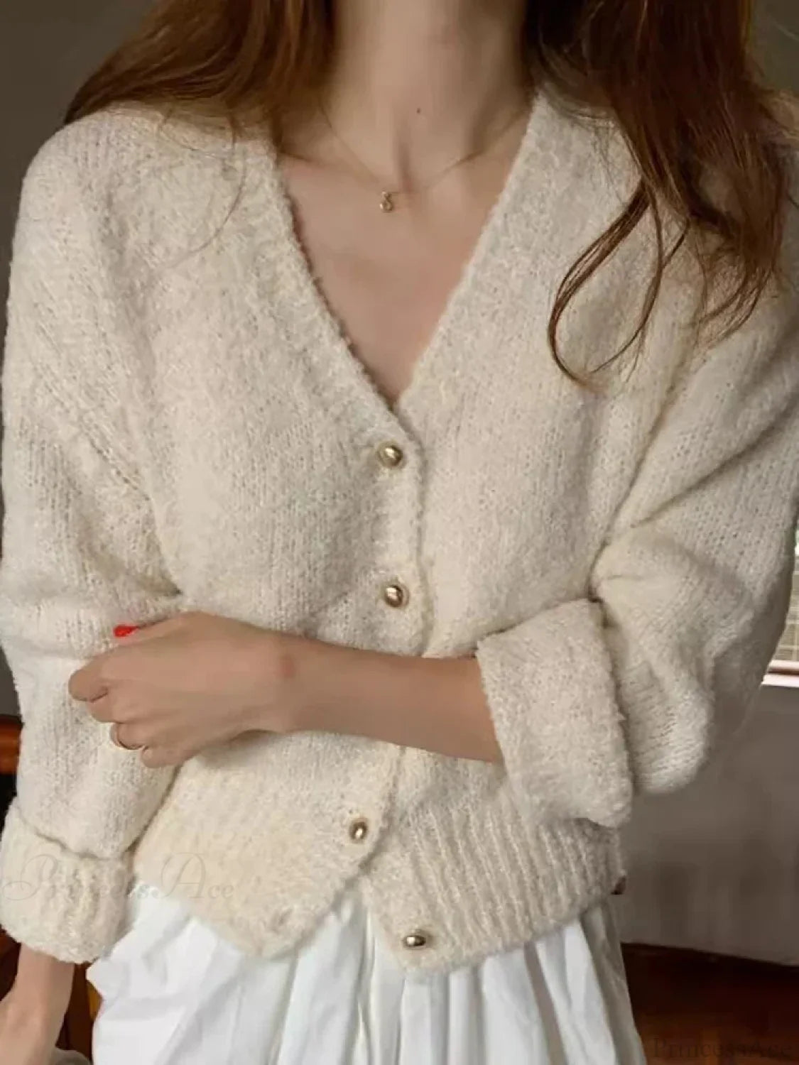 V-neck Cashmere Knit Cardigan Beige / One Size