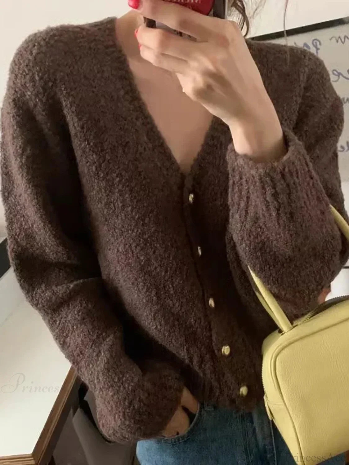 V-neck Cashmere Knit Cardigan Coffee / One Size