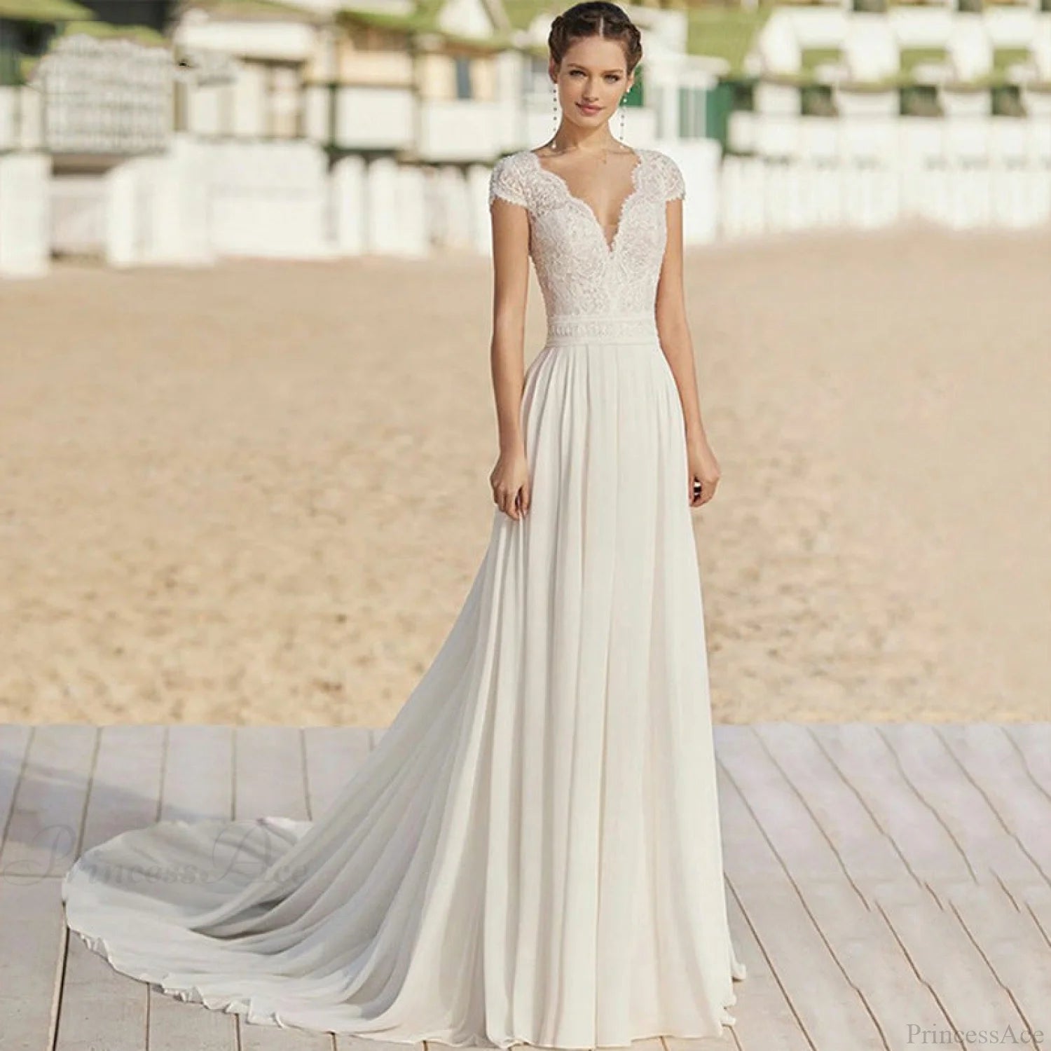 V-Neck Chiffon Long Train Wedding Dress weddingdress-250223