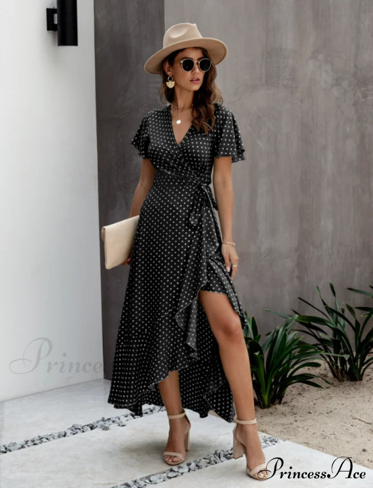 V-Neck Coastal Vacation Dot Polka Short-Sleeved Warm-Season Ruffle For Gown Women S / Yellow Dresses