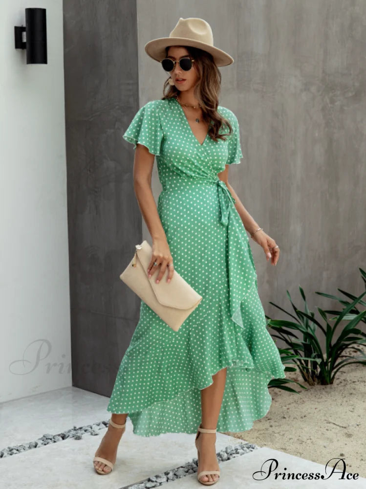 V-Neck Coastal Vacation Dot Polka Short-Sleeved Warm-Season Ruffle For Gown Women Xl / Black Dresses