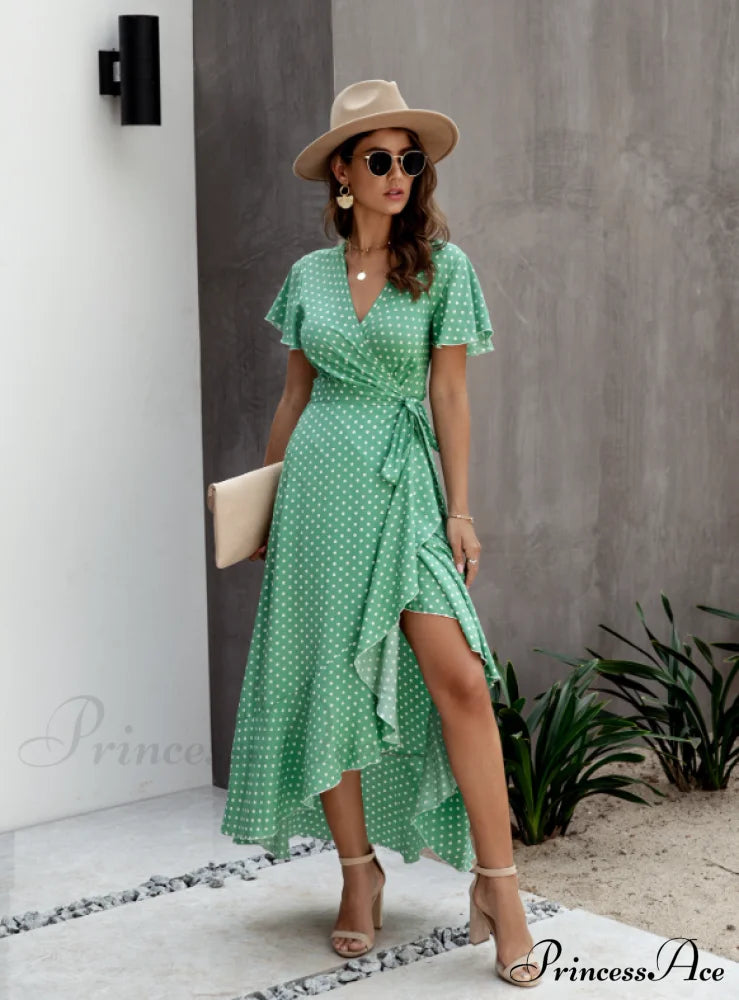 V-Neck Coastal Vacation Dot Polka Short-Sleeved Warm-Season Ruffle For Gown Women Xl / Green Dresses