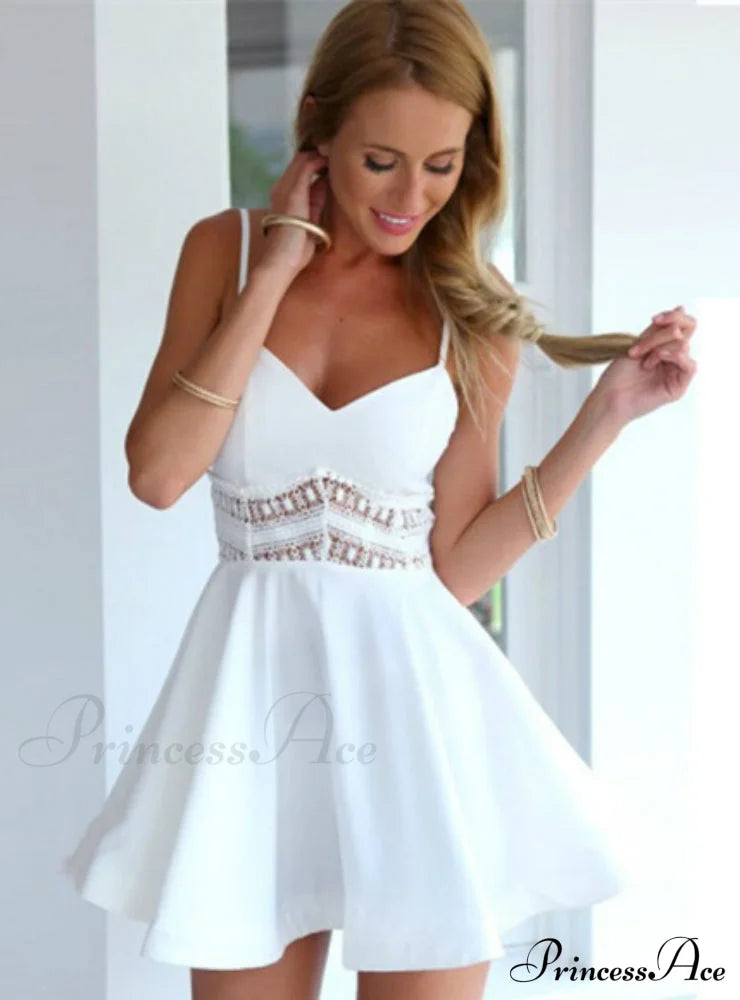 V Neck Crochet Lace Skater Dress With Waist Strap S / White Dresses