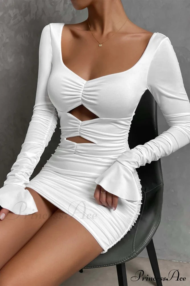 V Neck Cutout Bell Sleeve Pleated Dress Mini Dresses