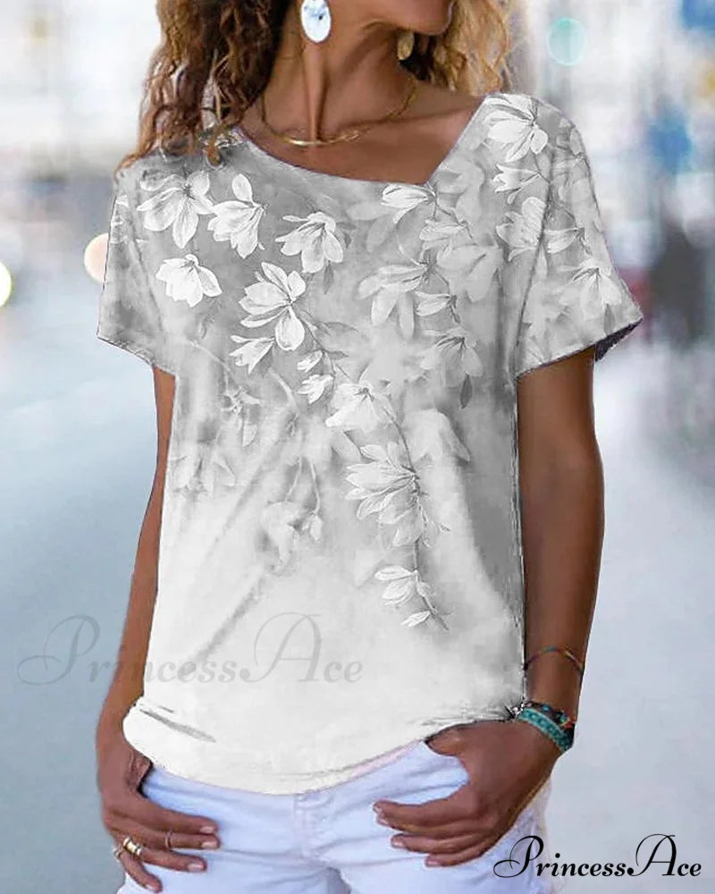 V-Neck Design Flowered T-Shirt T-Shirts