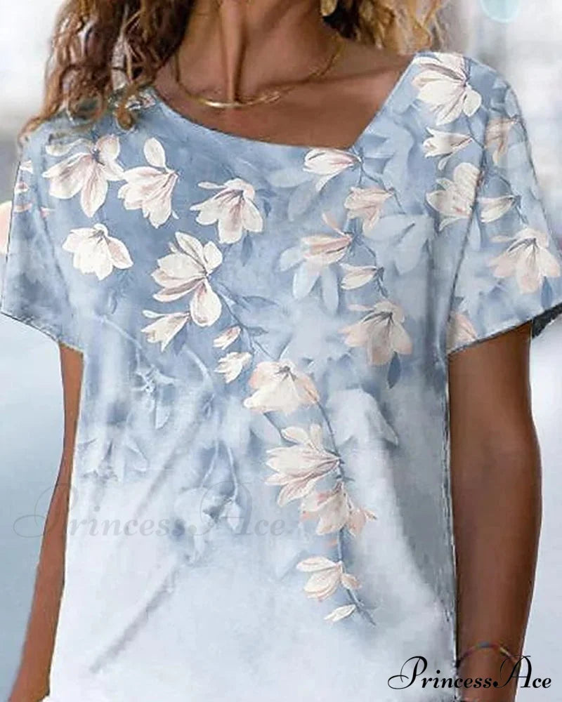 V-Neck Design Flowered T-Shirt T-Shirts