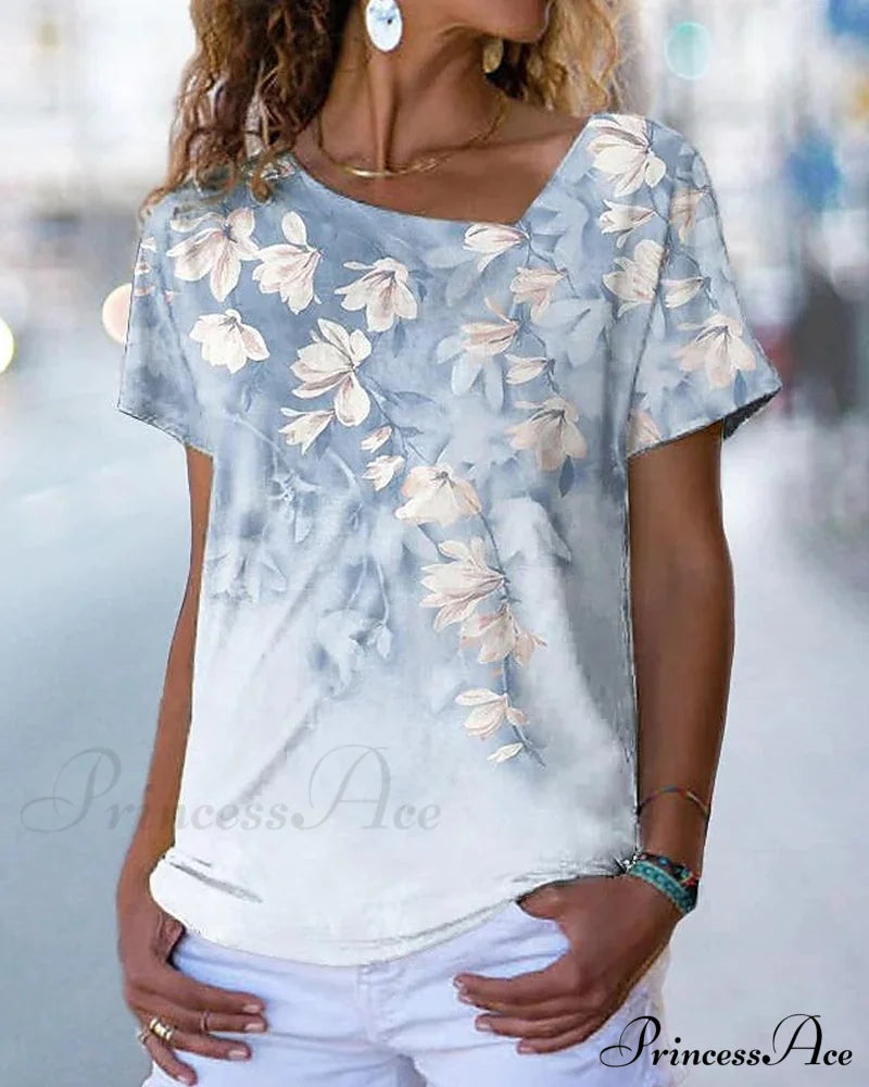 V-Neck Design Flowered T-Shirt T-Shirts
