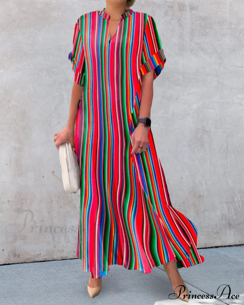 V-Neck Dress In Stripe Print - Colorful Casual Dresses