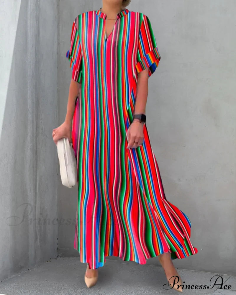V-Neck Dress In Stripe Print - Colorful Casual Dresses