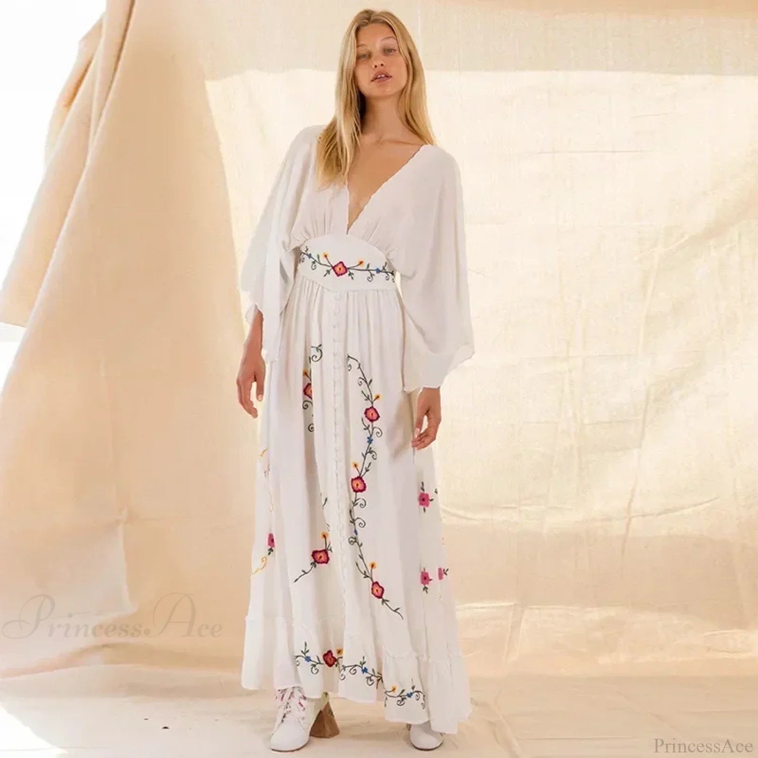 V-neck Embroidery Flower Retro National Boho Dress bohodress-250126