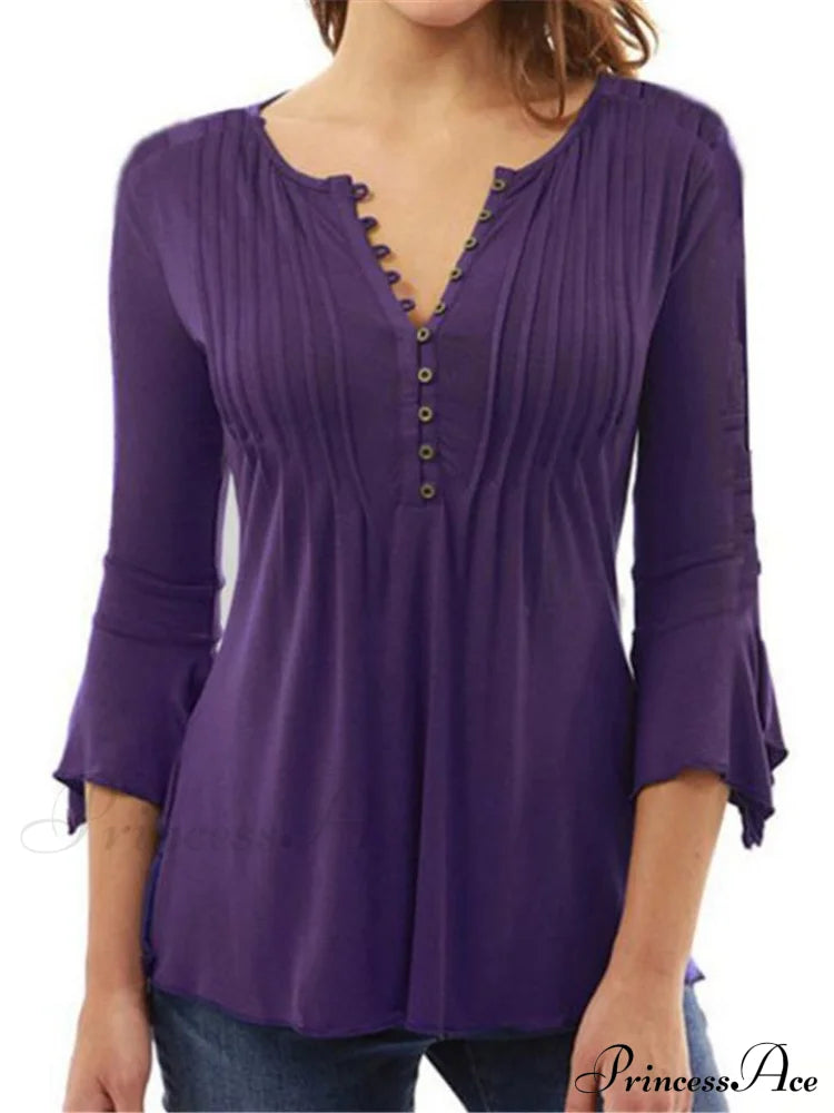 V-Neck Flared Plain Folded In Blouse Arm Women’s Color Purple / S Tops