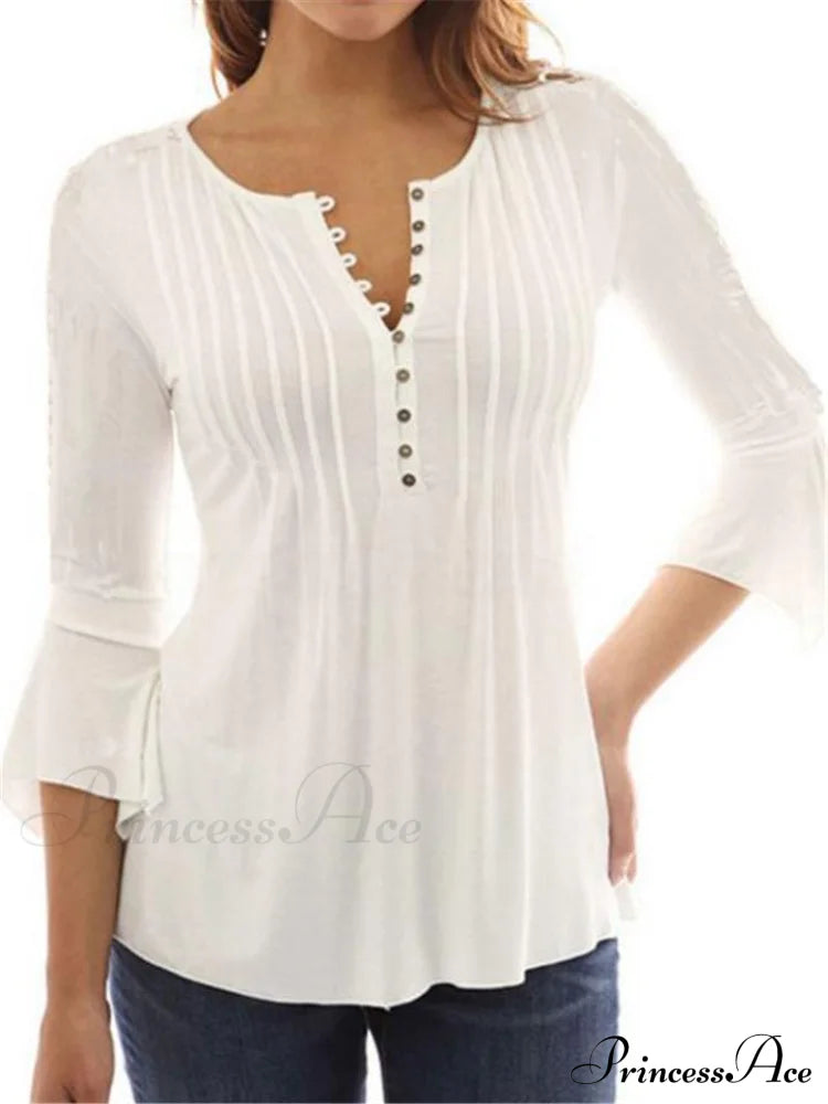 V-Neck Flared Plain Folded In Blouse Arm Women’s Color White / S Tops
