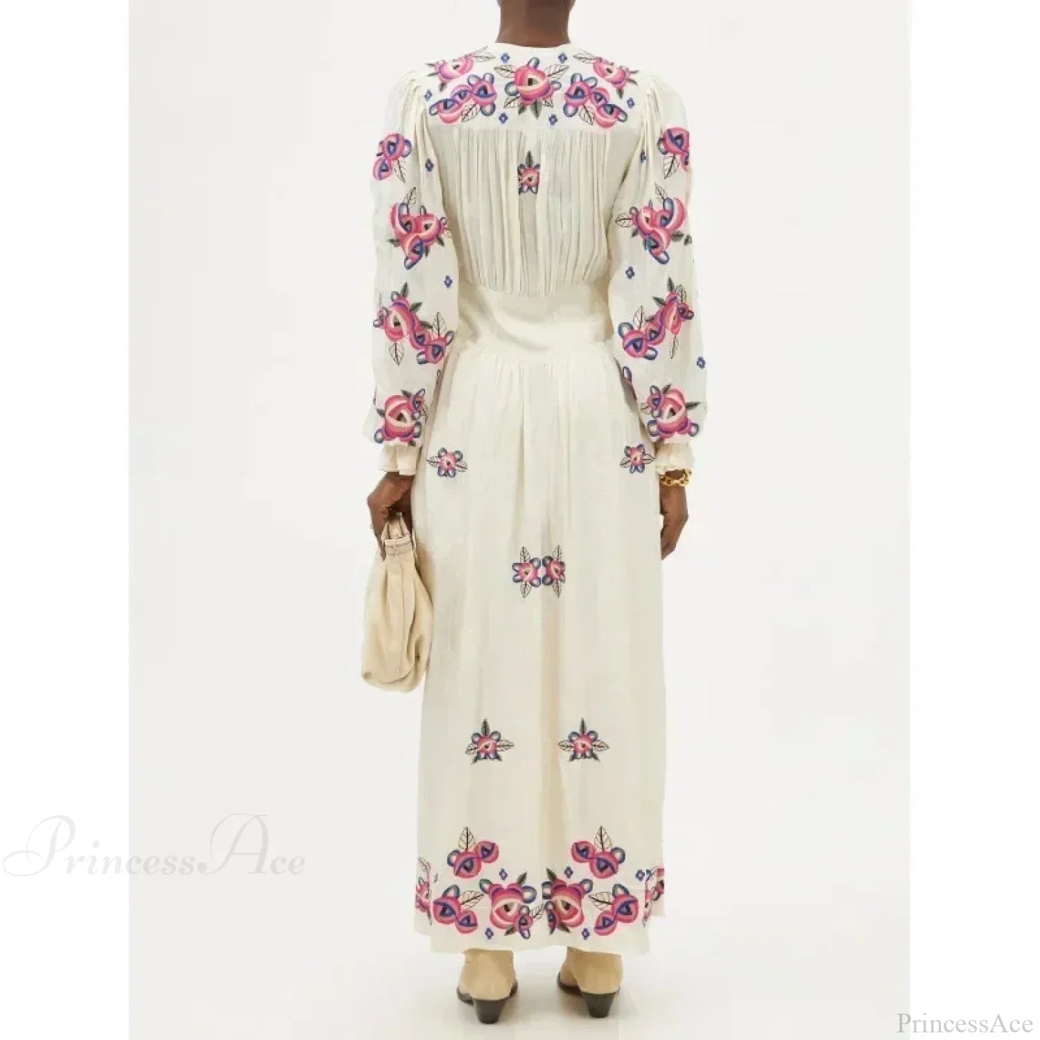 V-neck Floral A-line Lantern Sleeve Cotton Boho Dress bohodress-250126