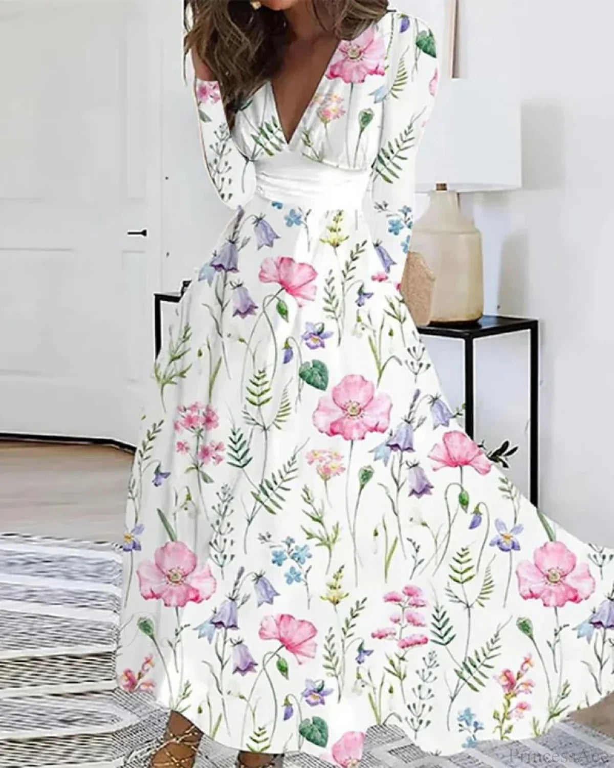 V Neck Floral Maxi Dress Pink / S oldfloraldress-250126