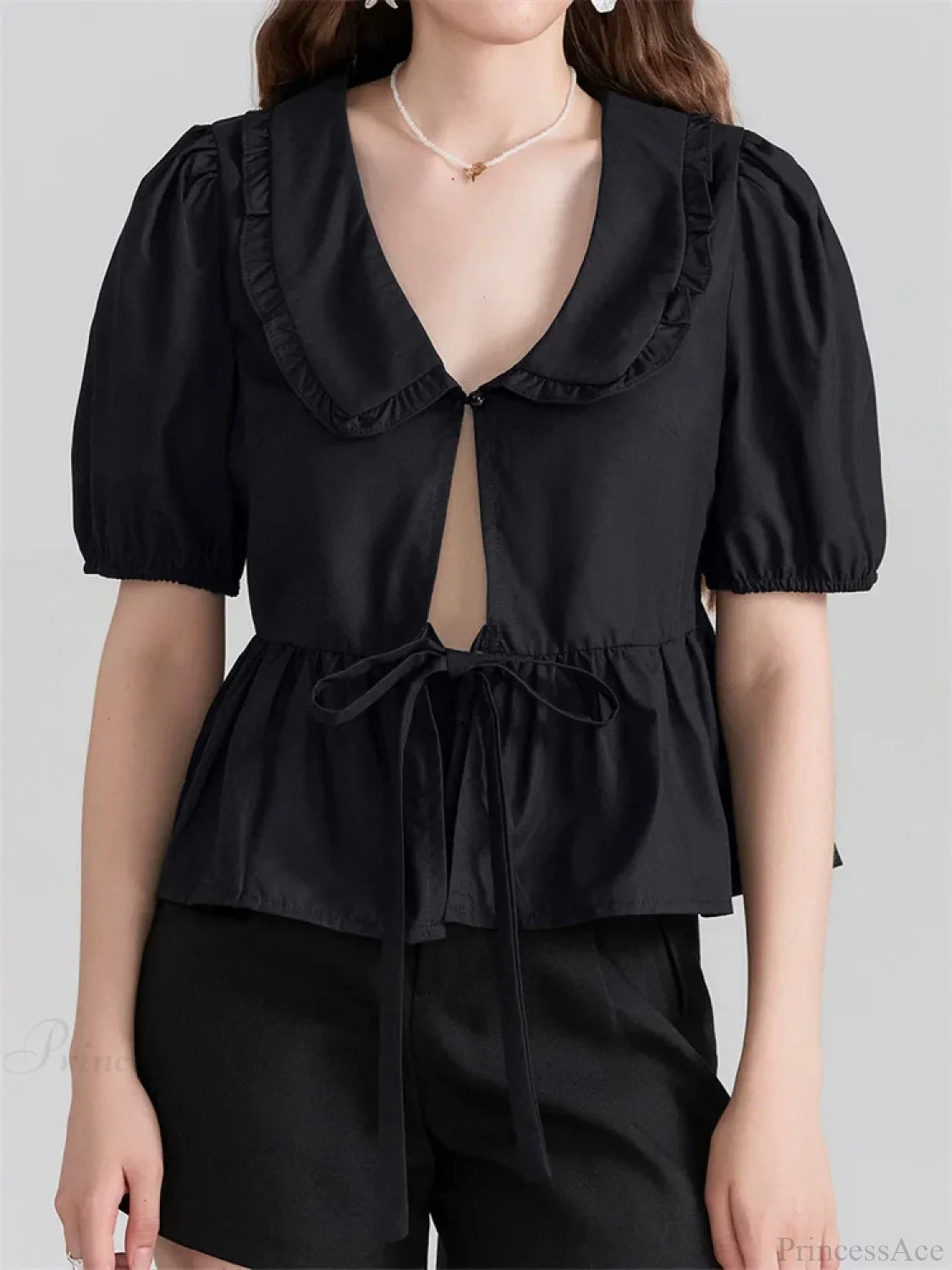 V-neck Front Bowknot Tie-Up Blouse black / S blouse-250223