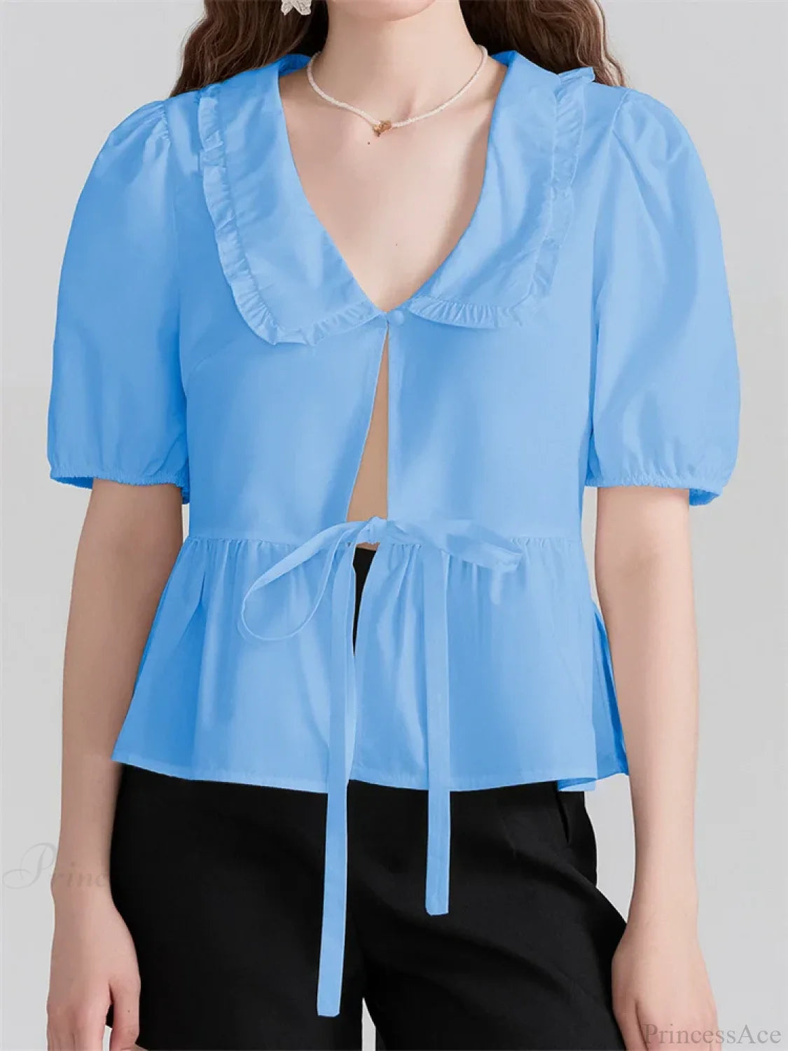 V-neck Front Bowknot Tie-Up Blouse blue / S blouse-250223